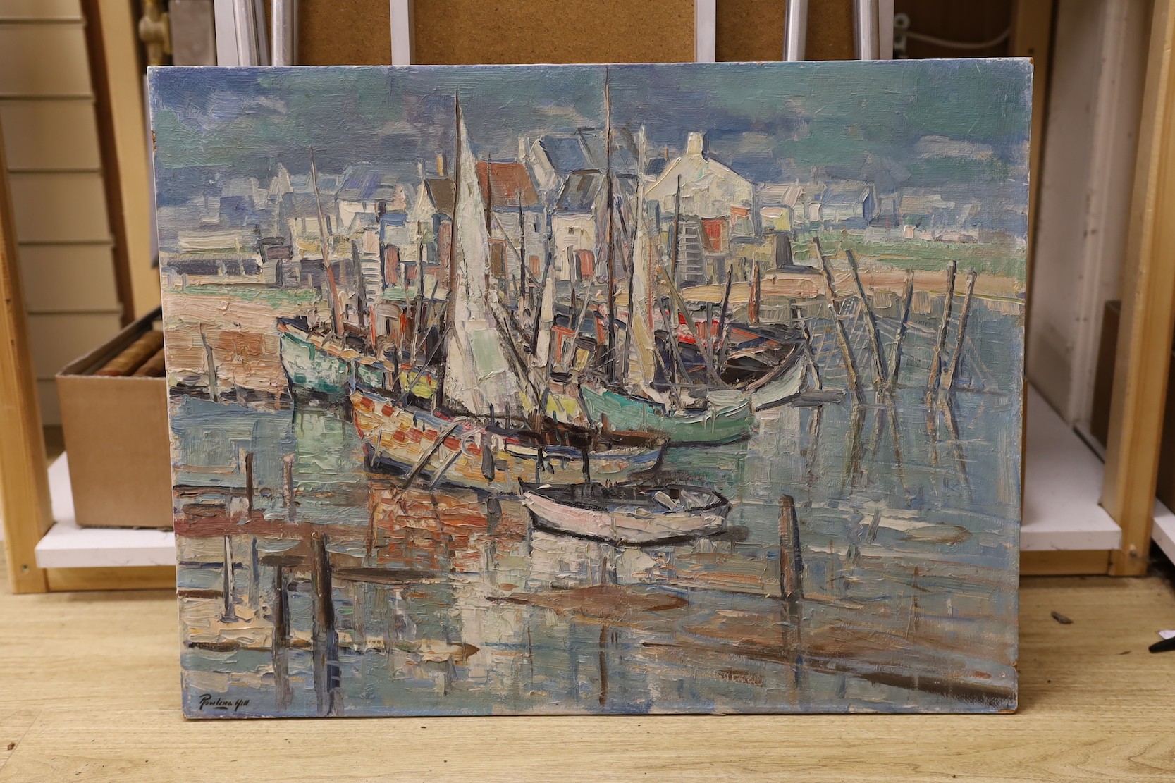 Circle of Rowland Hill, oil on wooden panel, Fishing boats in harbour, bears signature, 59 x 76cm, unframed